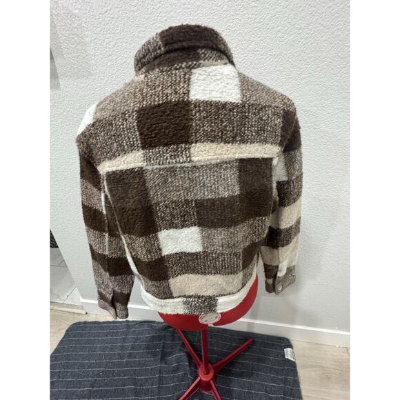 Brown Cream Plaid Wool Blend Shacket Button Down Jacket Coat - Picture 2 of 6